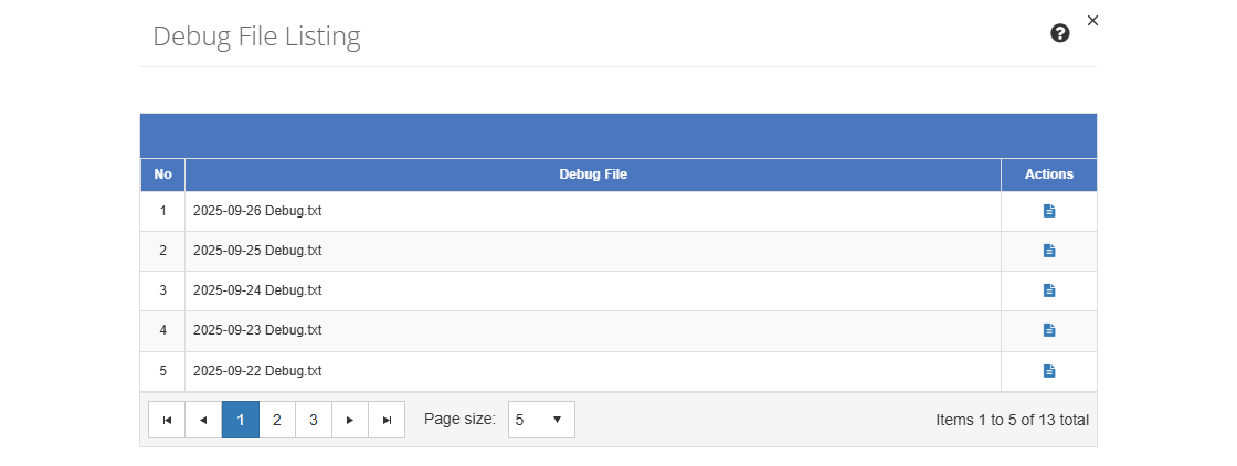 Debug File Listing Screen Debug File Listing Screen