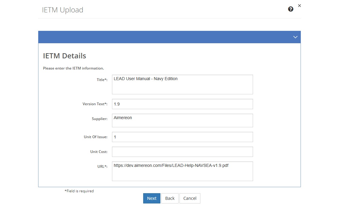 &nbsp;IETM Upload - IETM Details Screen