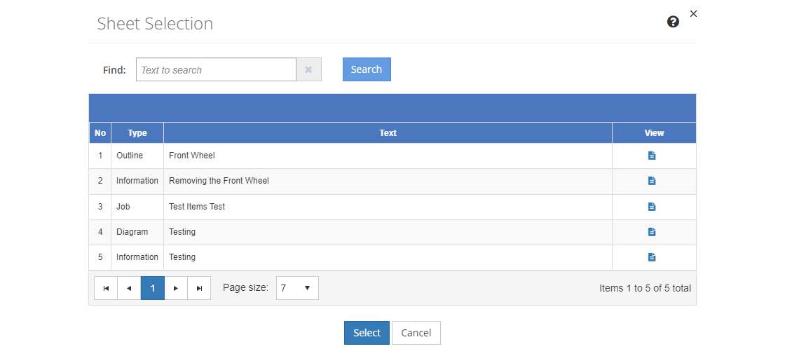 Sheet Selection Screen