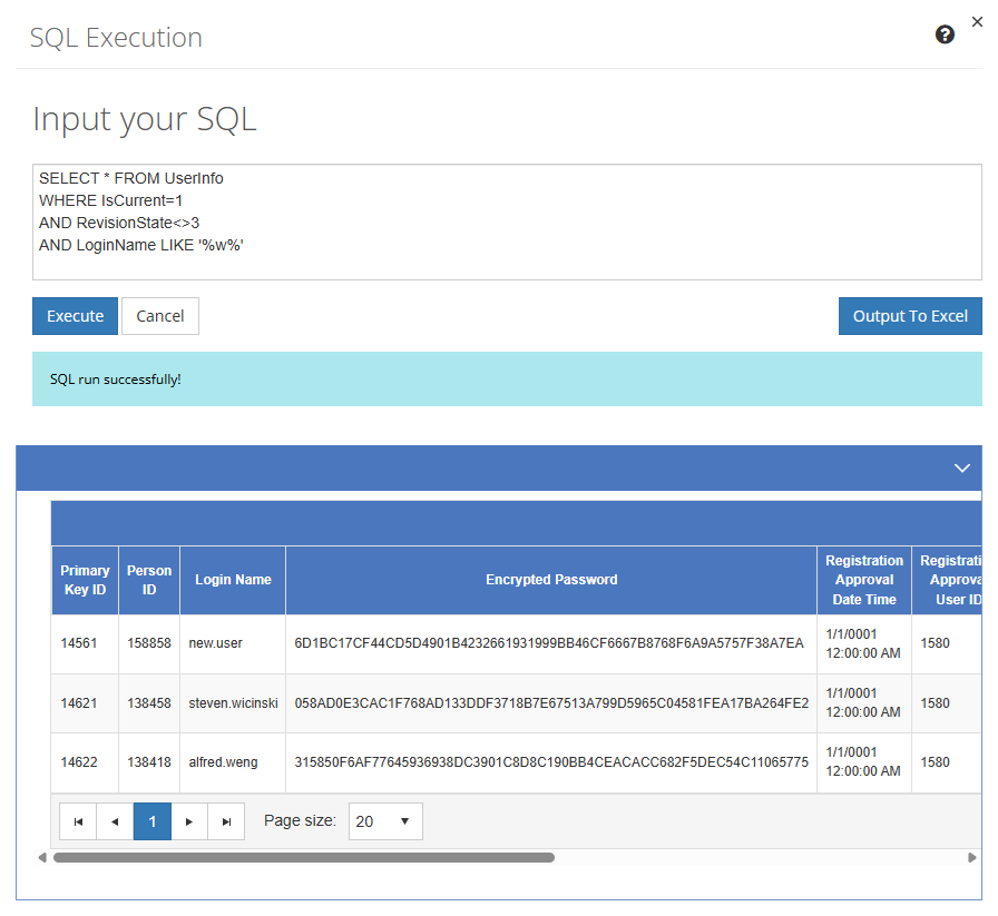 SQL Execution Screen SQL Execution Screen