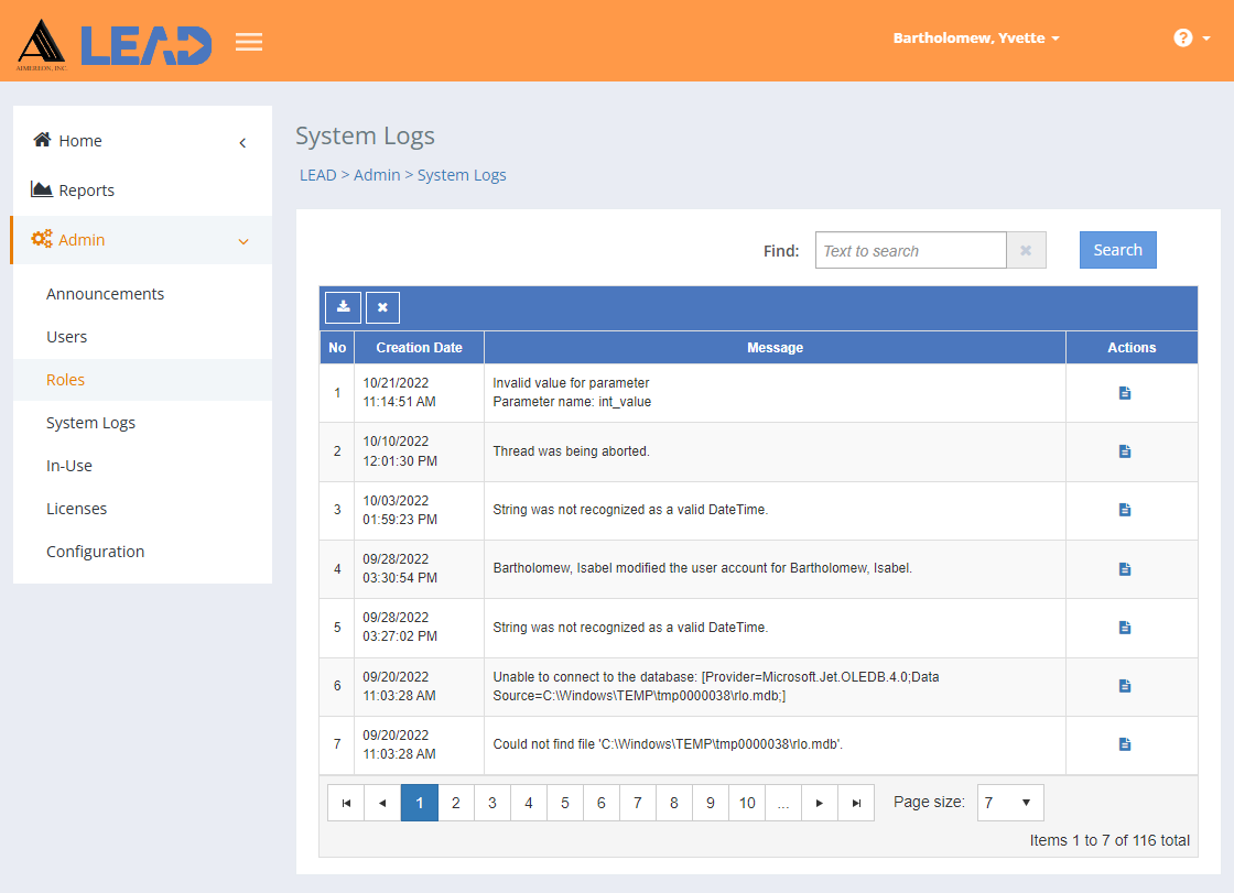 LEAD Administrator - System Logs LEAD Administrator - System Logs