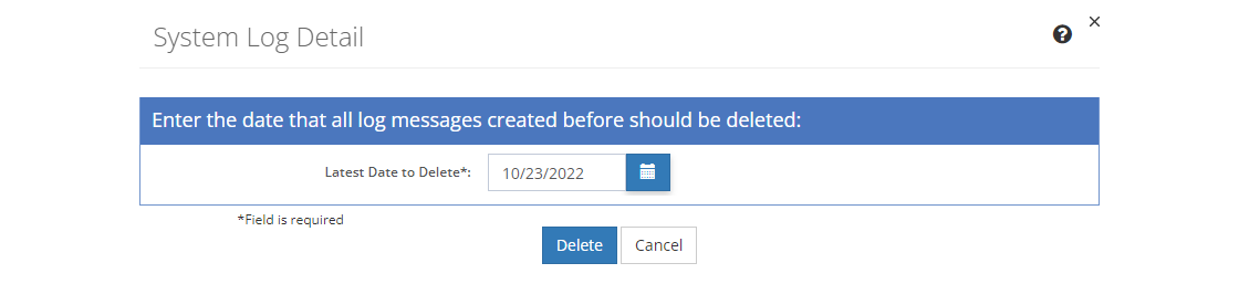 System Logs Deletion Screen