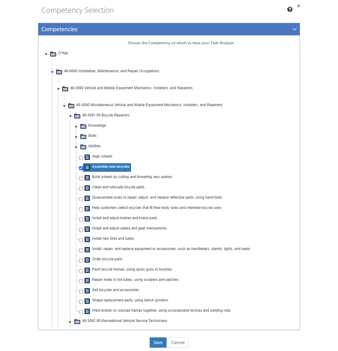 Task Analysis > Competency Selection Screen