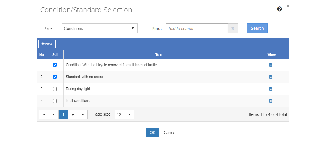 Task Analysis > Condition/Standard Selection Screen