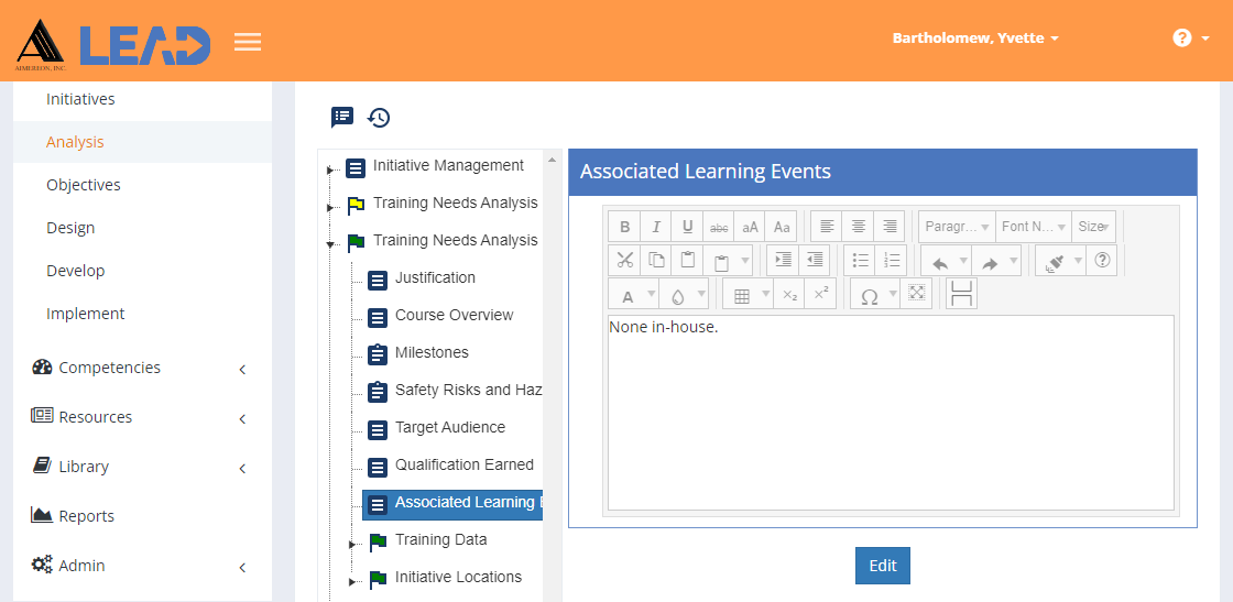 TNA/TMD > Associated Learning Events